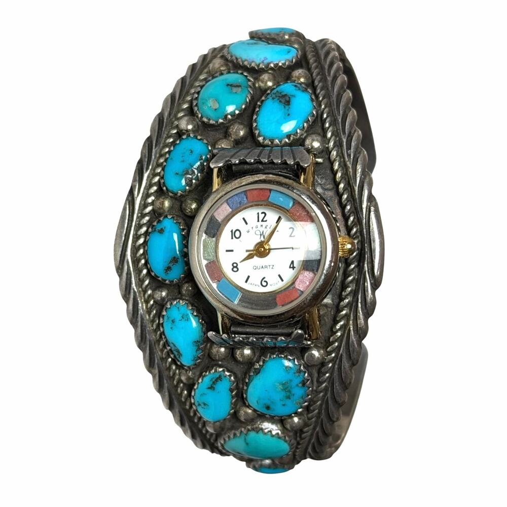 Vintage Navajo Native Turquoise Sterling Silver Watch Cuff Jackie Singer Womens